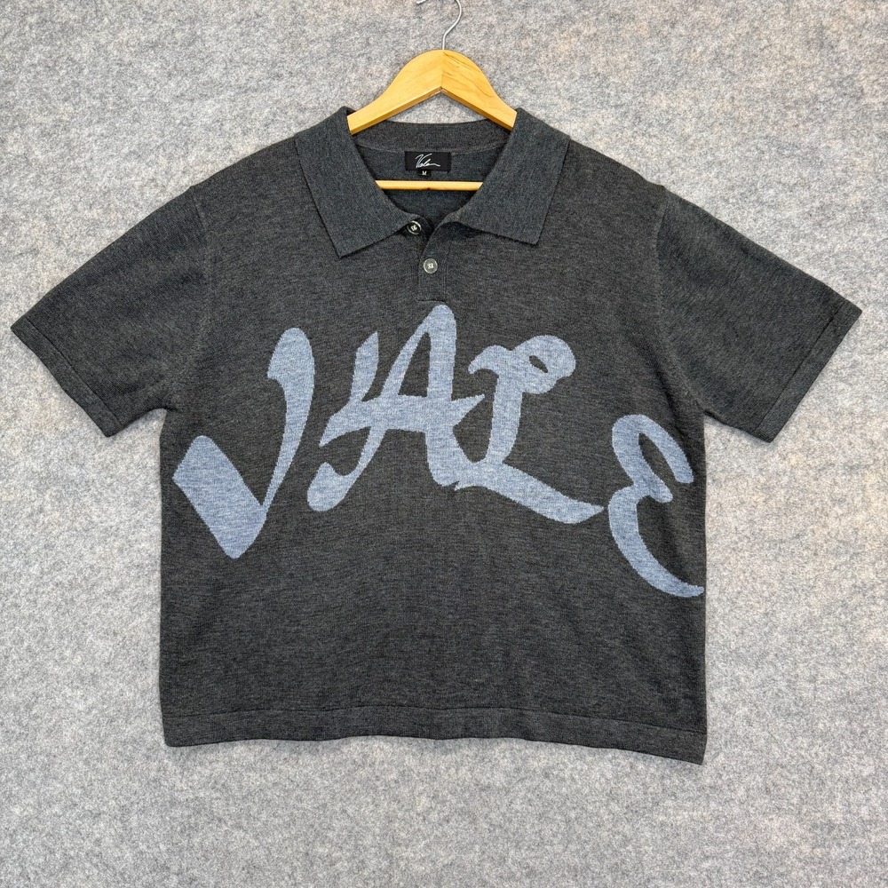 Vale Designer Polo Shirt Mens Medium Knit Sweater Graphic Button Gray Logo